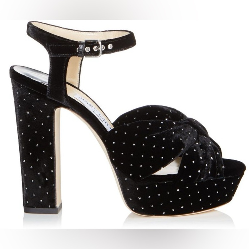 JIMMY CHOO Black Glitter Heloise Velvet Platform Sandals $995